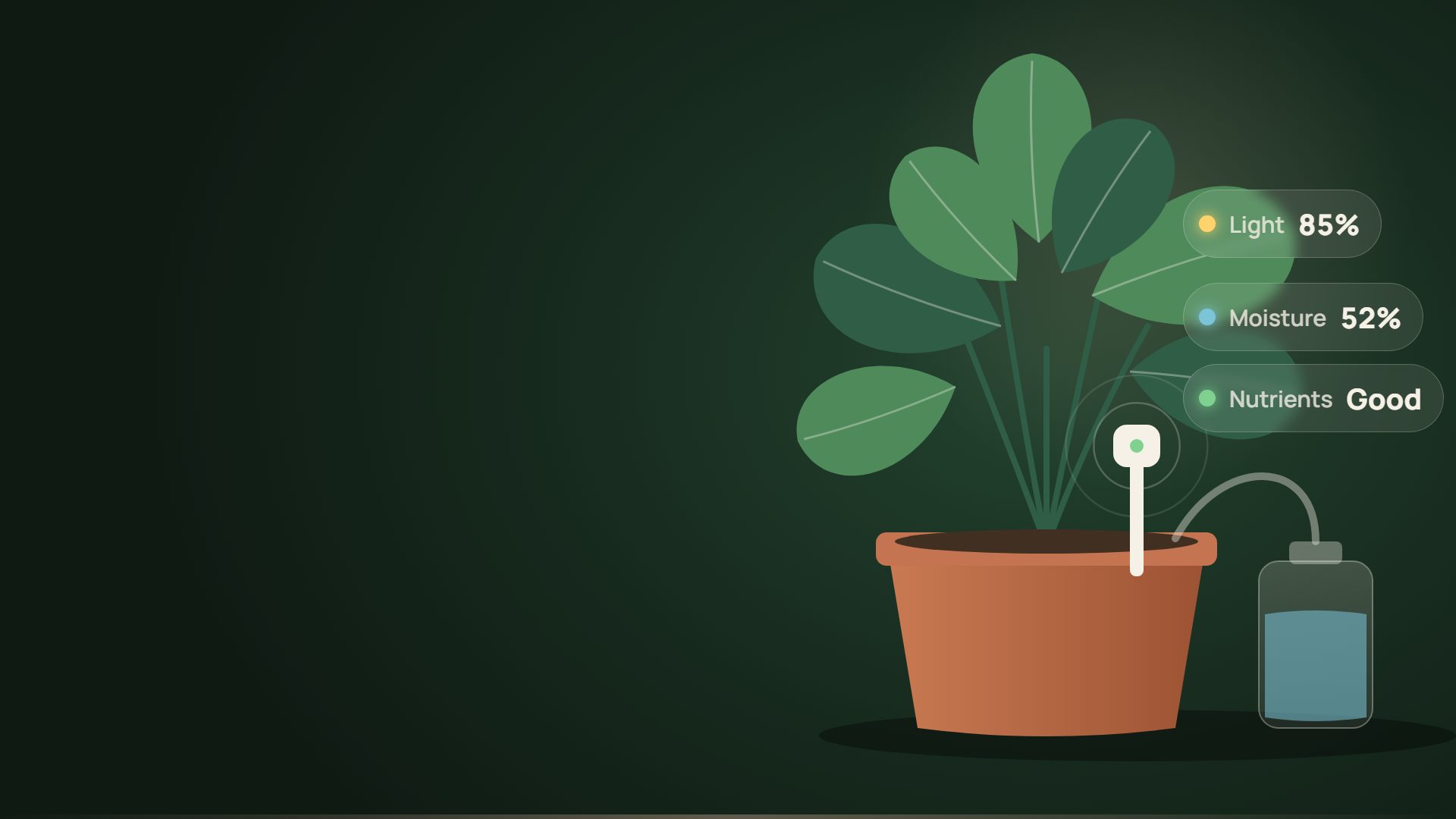 Plant To Earn Core sensor in a potted plant, pumping water from a reservoir and earning SAP tokens